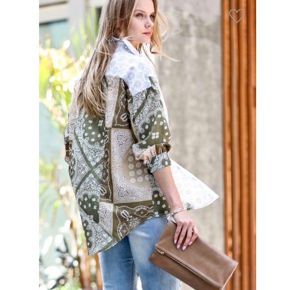 Vintage Olive Medallion Patchwork Oversized Blouse - Picture 2 of 7